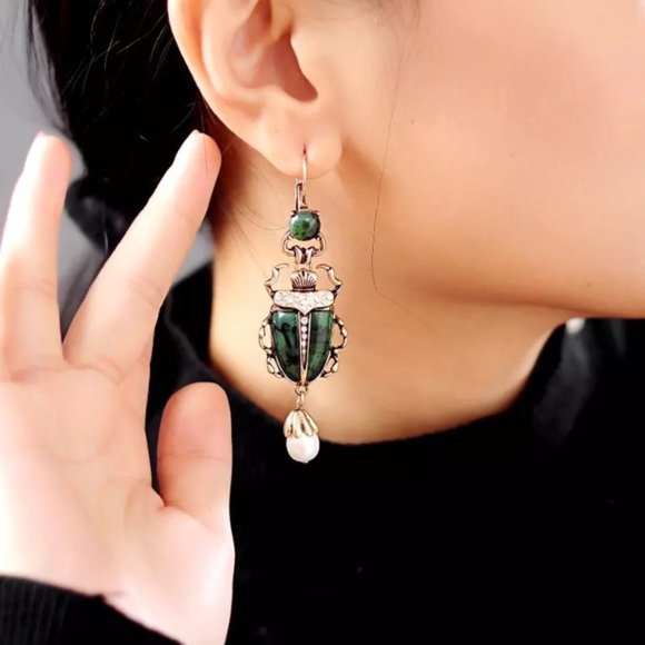 Anthropologie Green Scarab Earrings - Picture 2 of 6